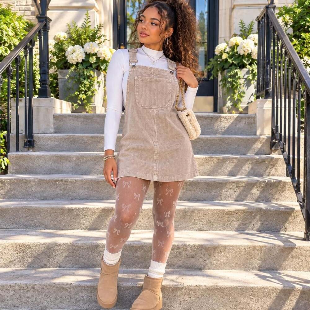 Tinsel Town Corduroy Overall Dress Size L Neutral Taupe Pinafore NWOT